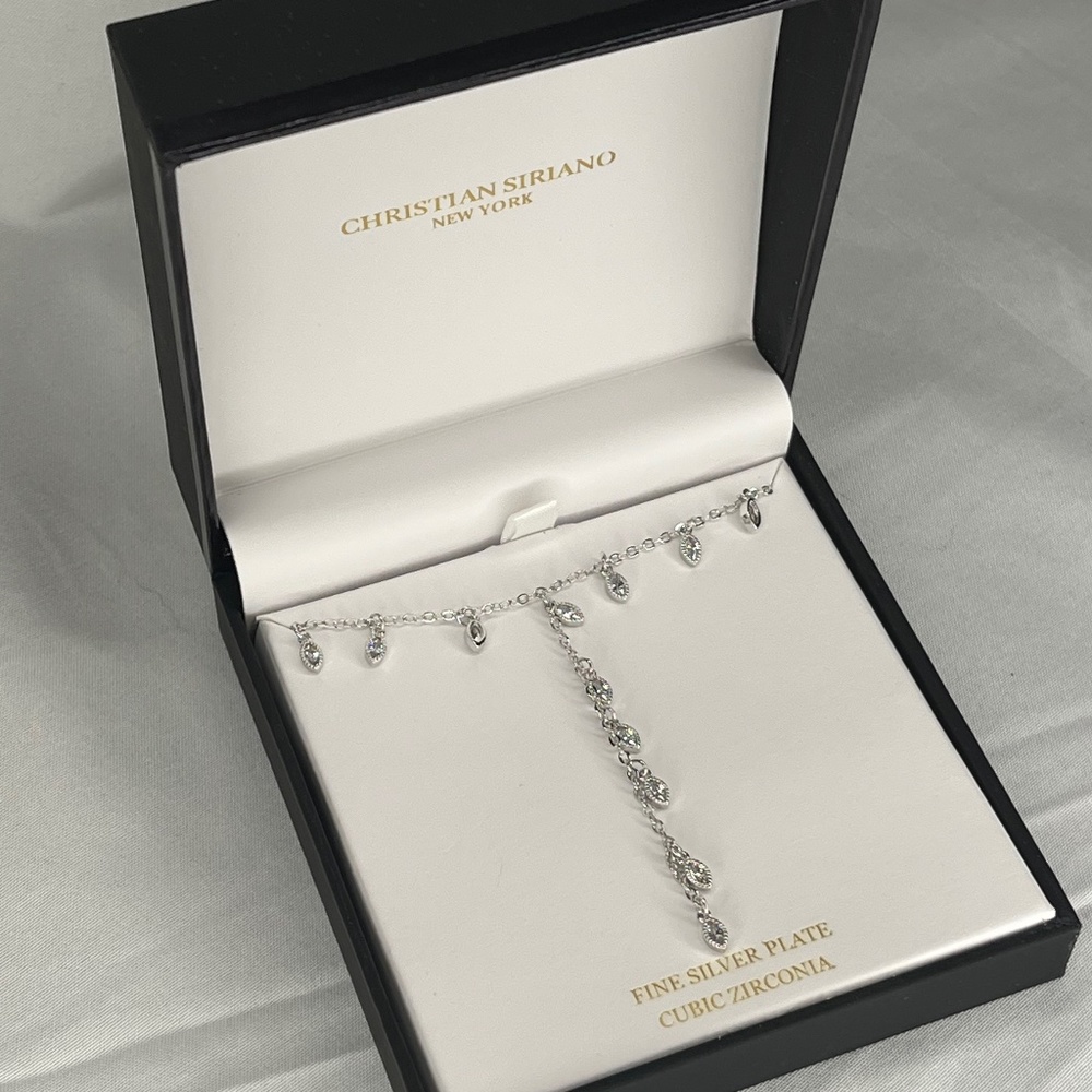 New in Box Christian Soriano necklace silver plate cue box zirconia - Picture 1 of 3